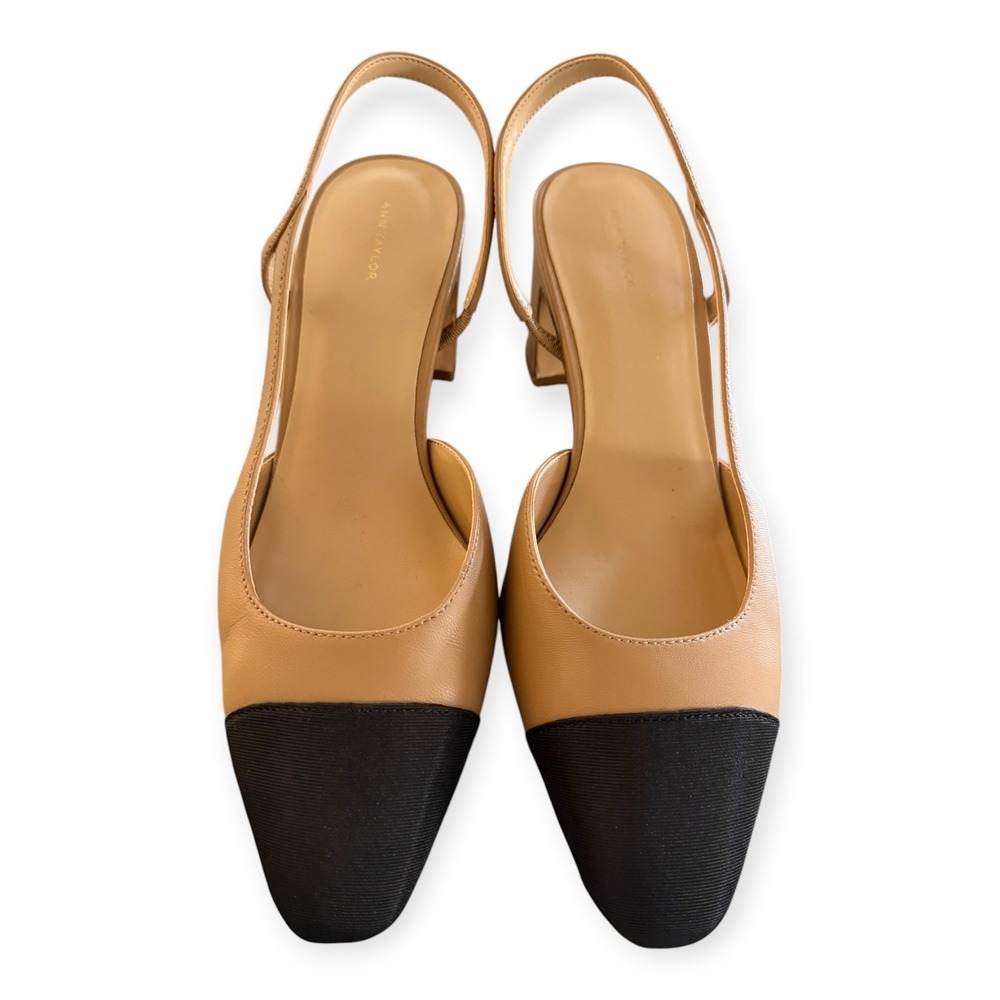 Ann Taylor Leather Cap Toe Slingback Pumps Women 9.5 Quiet Luxury Parisian Chic